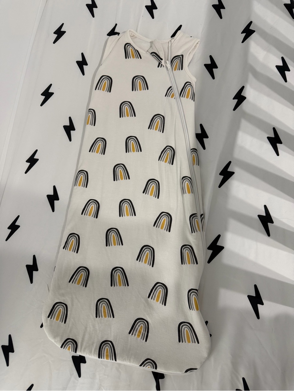 Kyte BABY Cream Sleeveless Skirt with Black and Mustard Rainbow Print